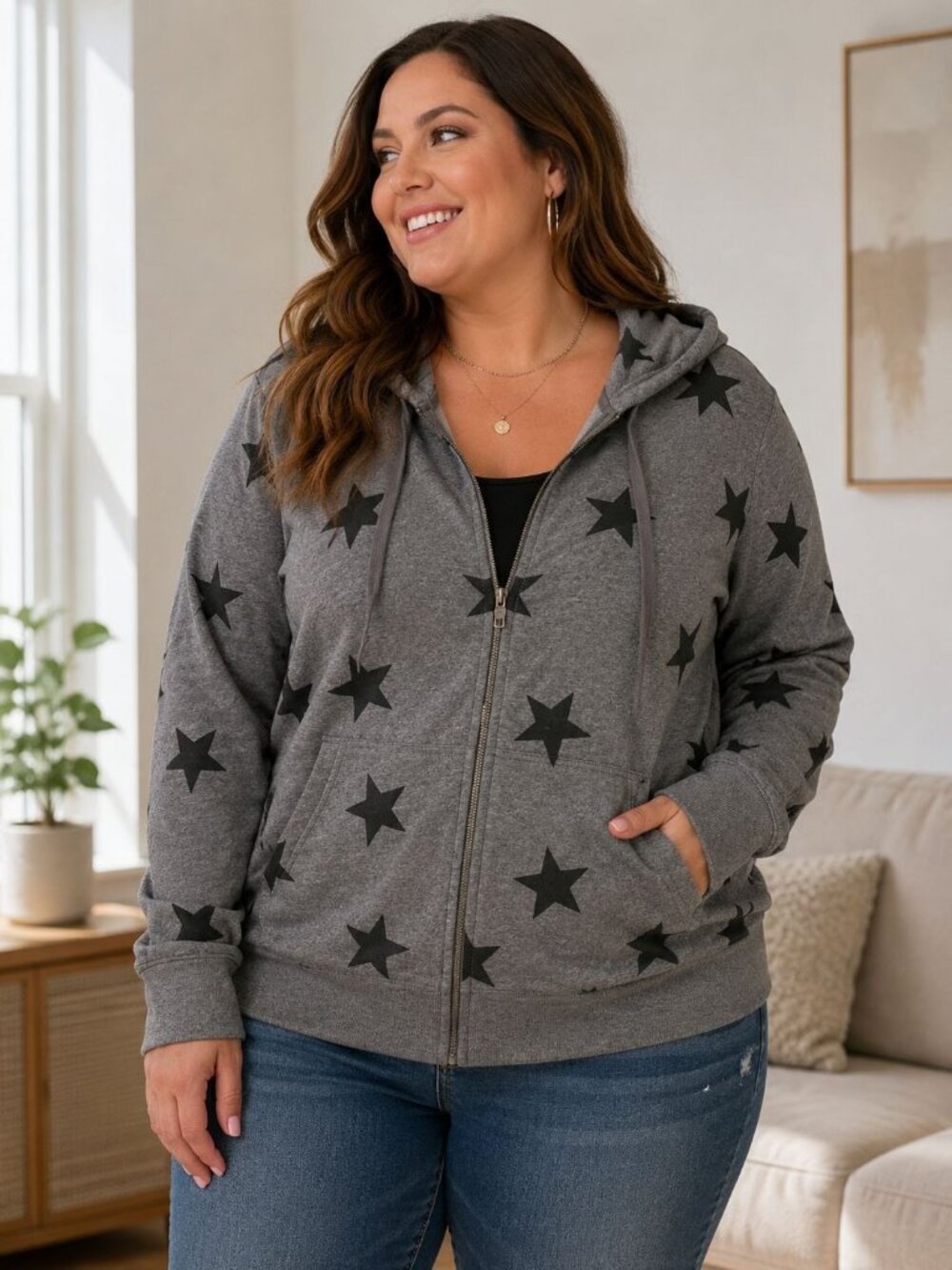 Torrid Gray Star Print Zip-Up Hoodie 3 Cozy Blend Cotton Polyester Spandex